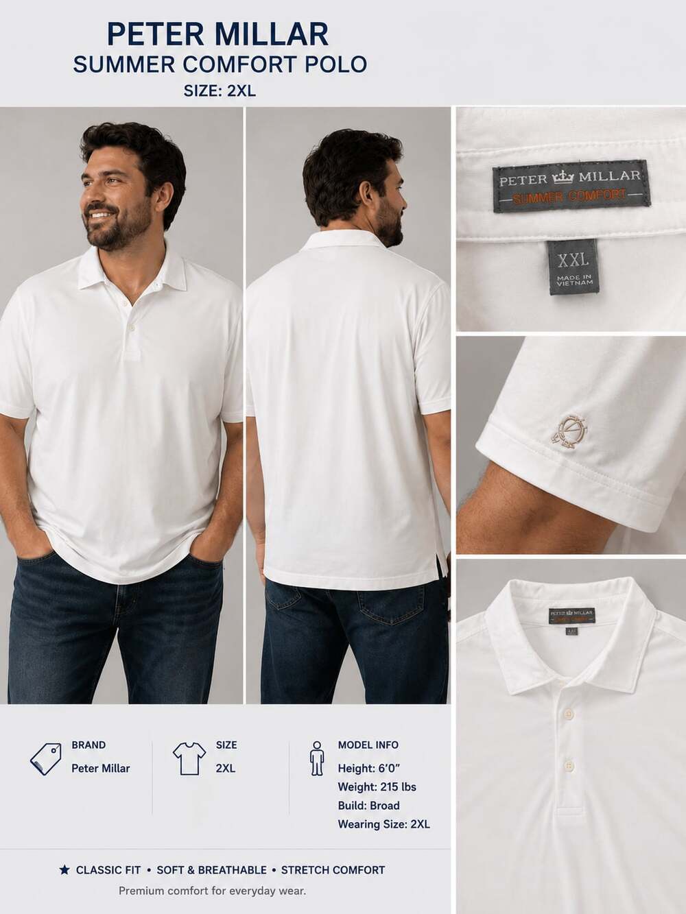 Peter Millar Summer Comfort White Solid Performance Polo Shirt